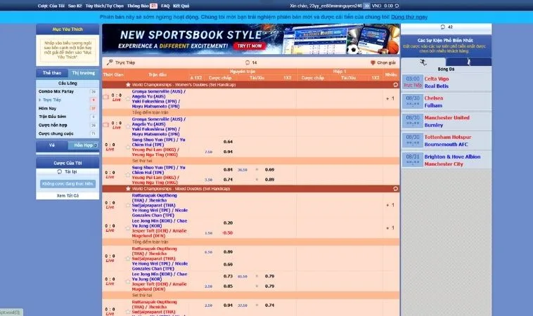 Bảng kèo cá cược Cầu Lông Tại EE88