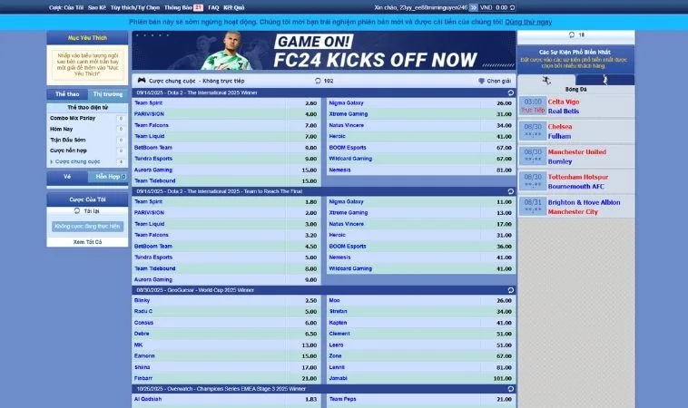 Giao diện đặt cược kèo Thể Thao Điện Tử Tại EE88