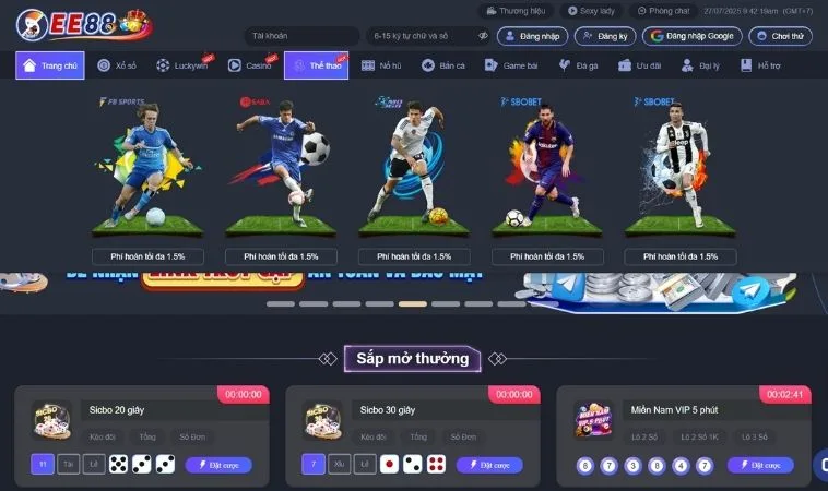 Sảnh thể thao EE88 thiết kế giao diện đẹp, chuyên nghiệp