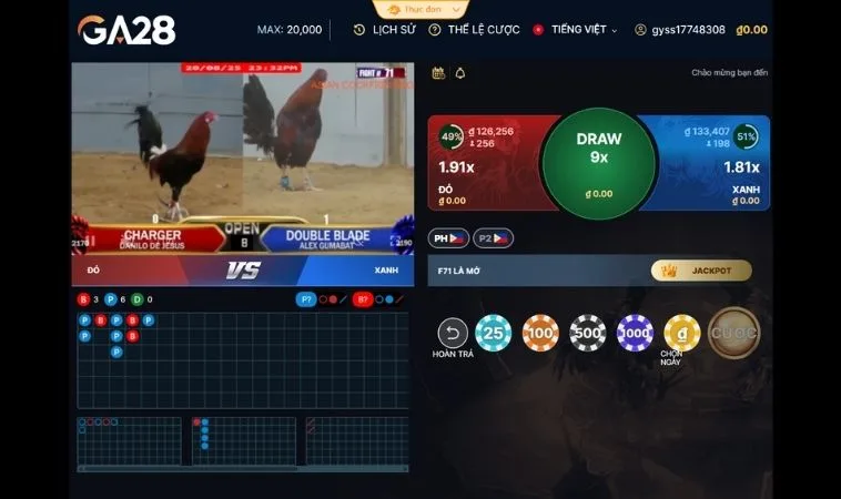 Giao diện cá cược Đá Gà GA28 Tại EE88